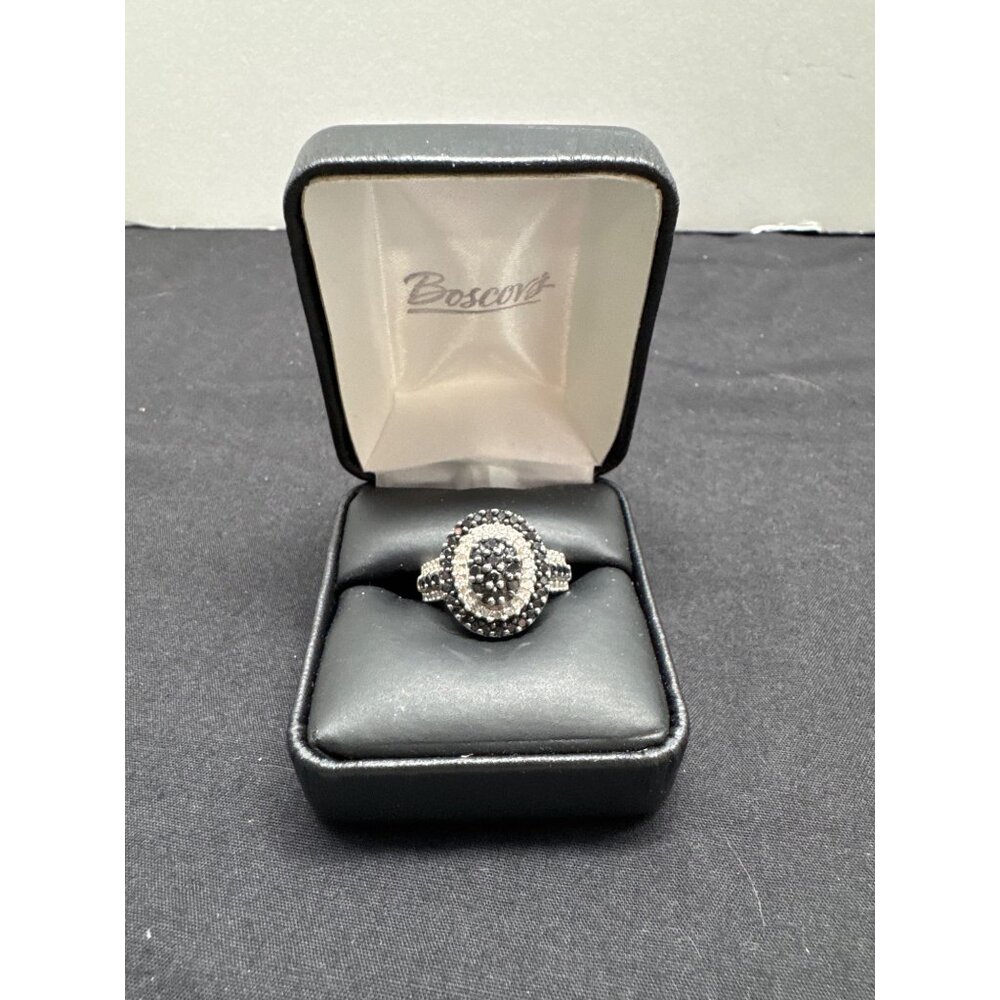 Sterling Silver Black & White Cubic Zirconia Halo Ring In Jewelry Box